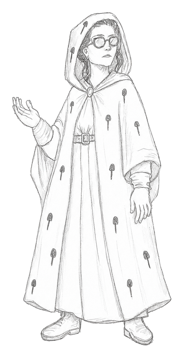 Pencil illustration of Commander Lavina wearing a hooded cloak, gloves and glasses