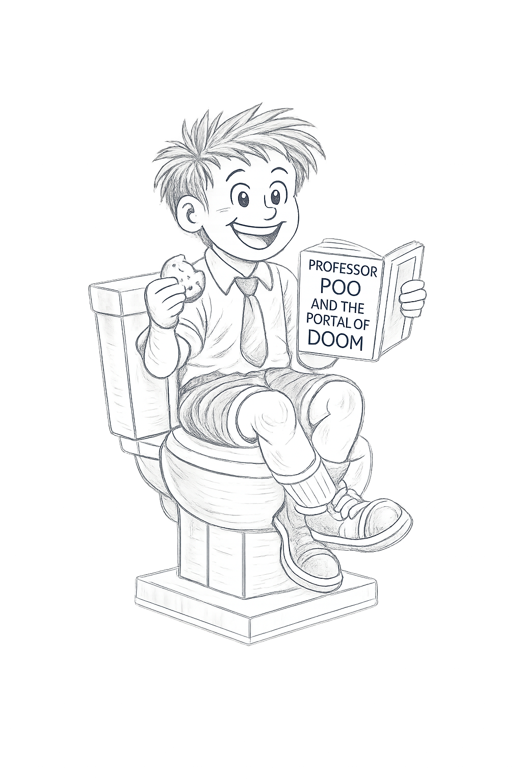 Pencil illustration of Nigel Pickle sitting on a toilet and reading a book